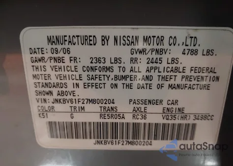 2007 Infiniti G35X z USA, uszkodzony, nr VIN JNKBV61F27M800204